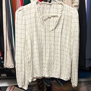 Womens White Windowpane Grid Long-Sleeve Blouse